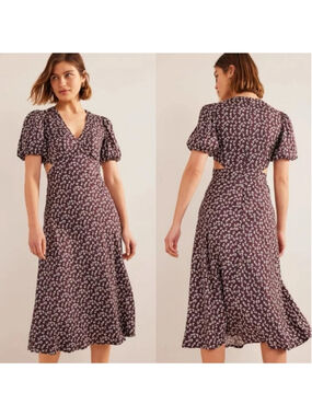 Boden burgundy Floral Midi Dress with Puff Sleeves size 4 #0030